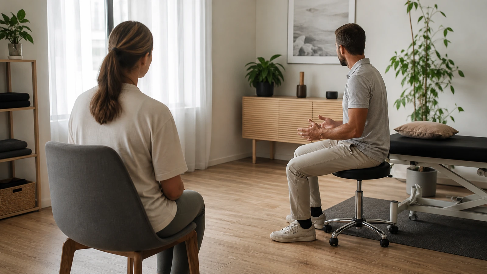 Échange calme dans une salle de consultation lumineuse