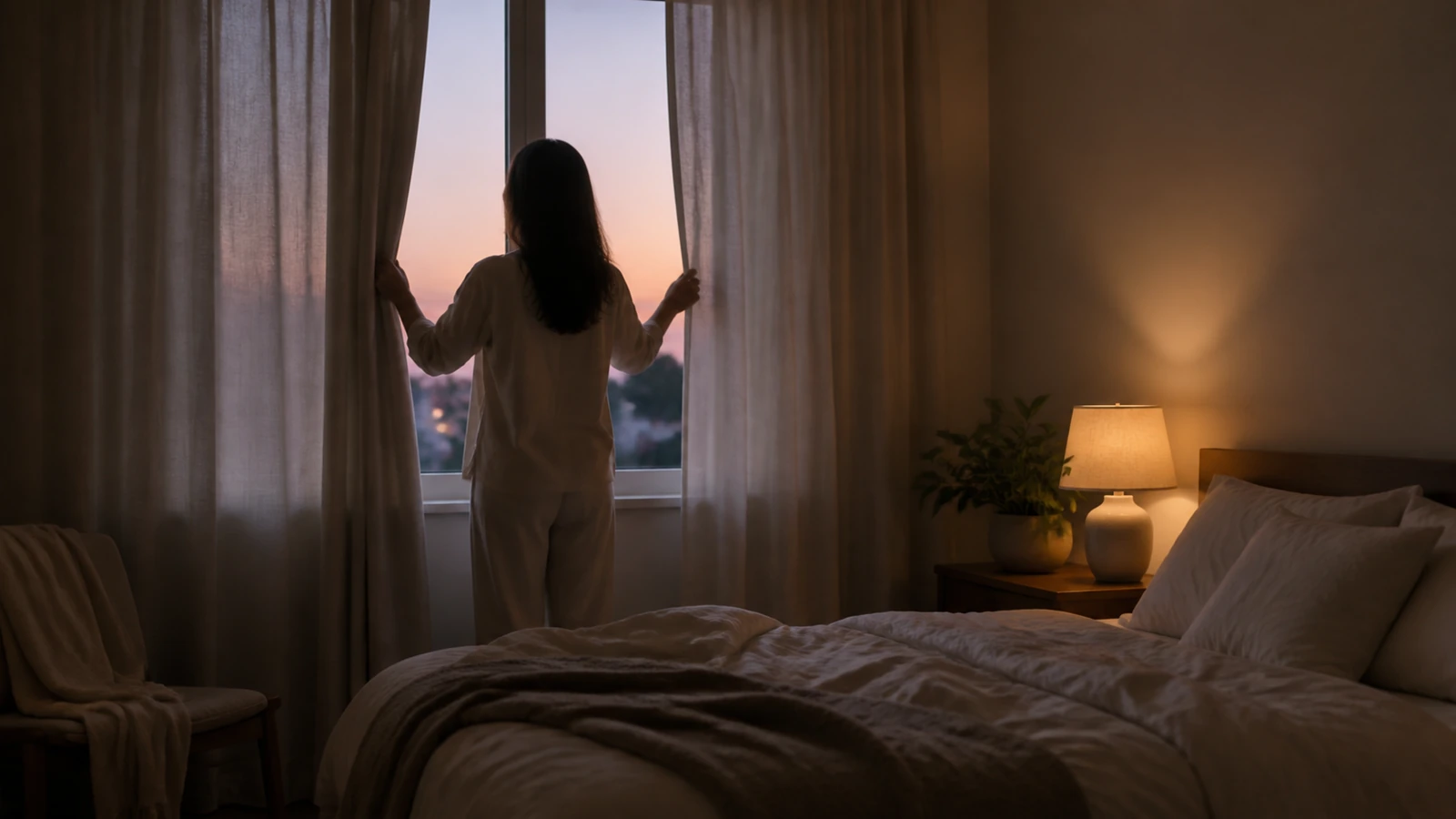 Adulte préparant calmement une chambre au crépuscule